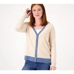 Candace Cameron BureSurfside Button Front V-Neck Car OtmealHtr/Blue Large